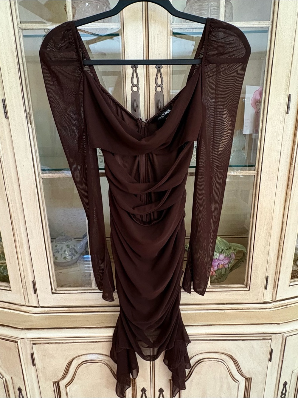 Fashion Nova Chocolate Brown Draped Long-Sleeve Mesh Dress